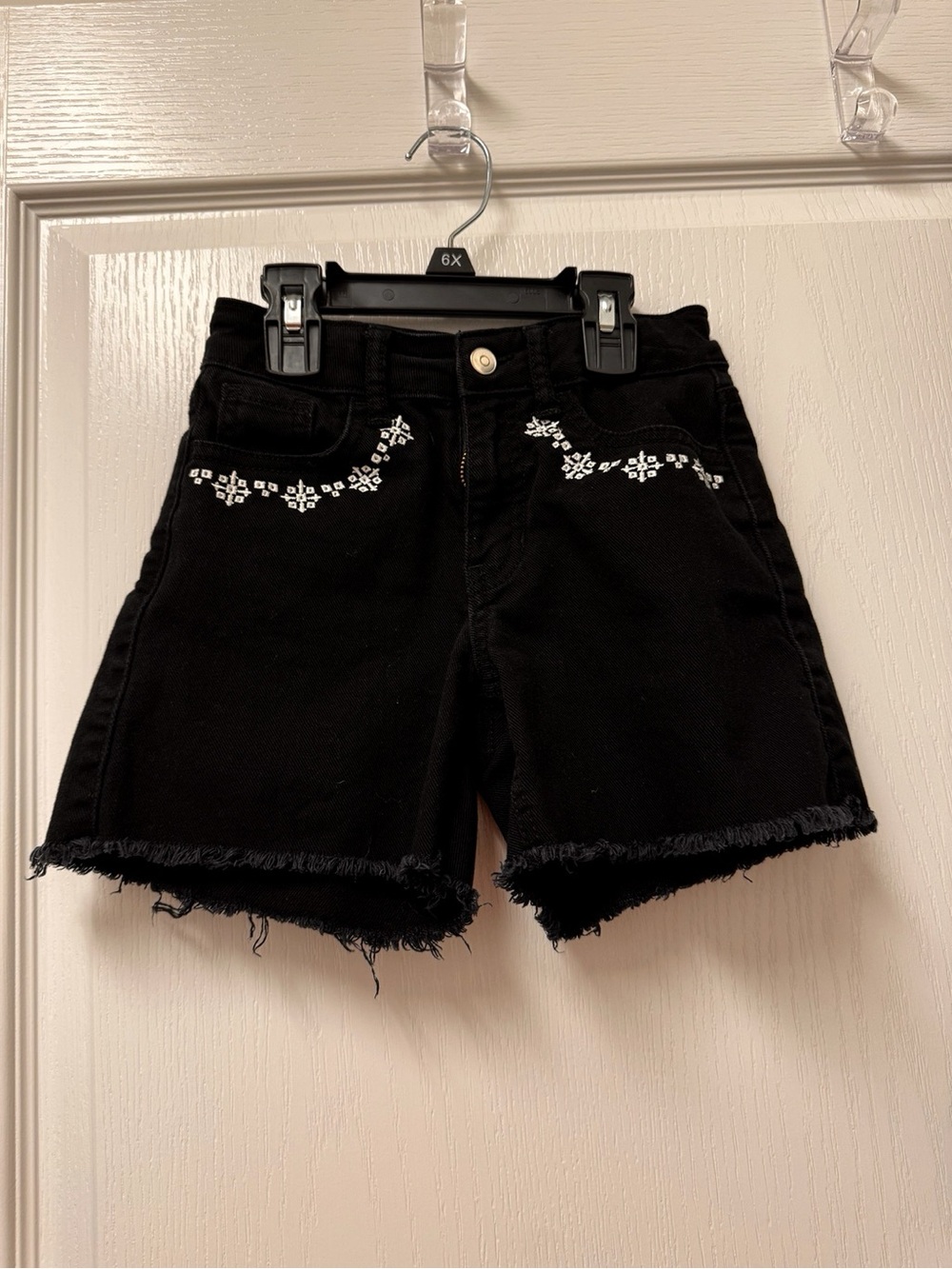 wonder nation Black Denim Shorts with White Embroidered Detail